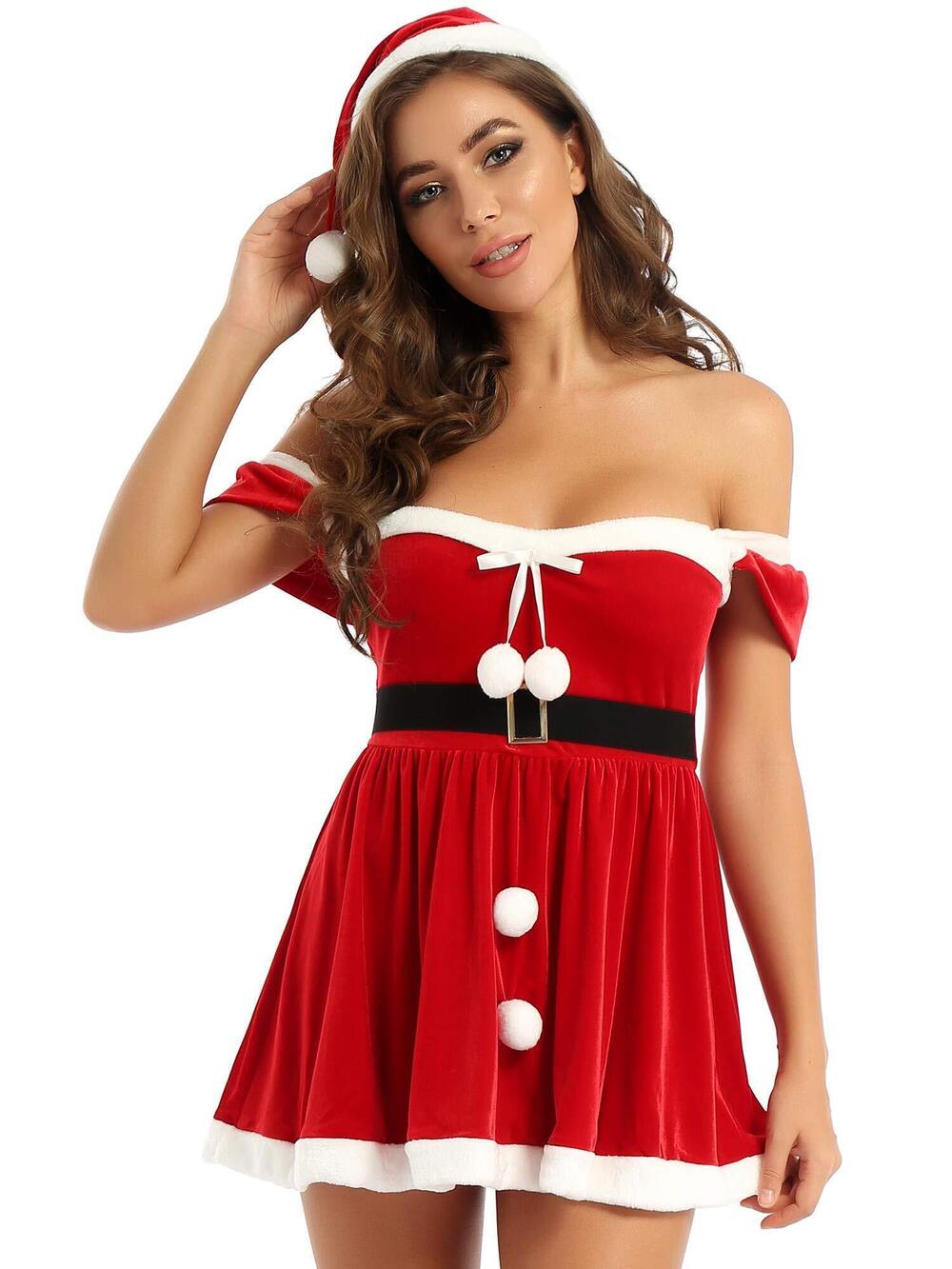 4575 Mrs. Cluas Christmas Holiday Costume White Flannel Trim Mini Dress